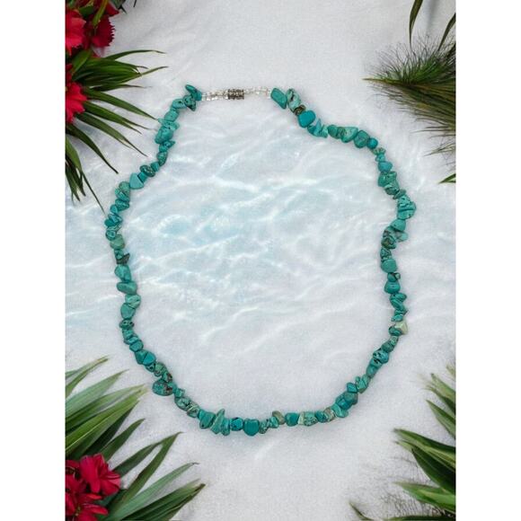 Turquoise Blue Howlite Chip Necklace-21''-Silver Tone Clasp-Boho-Southwest-Beach - Picture 2 of 5